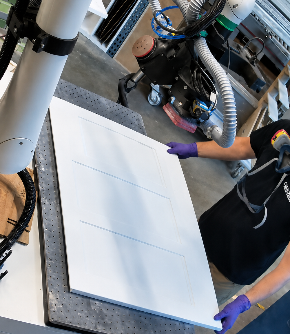 Operator placing a door on the table